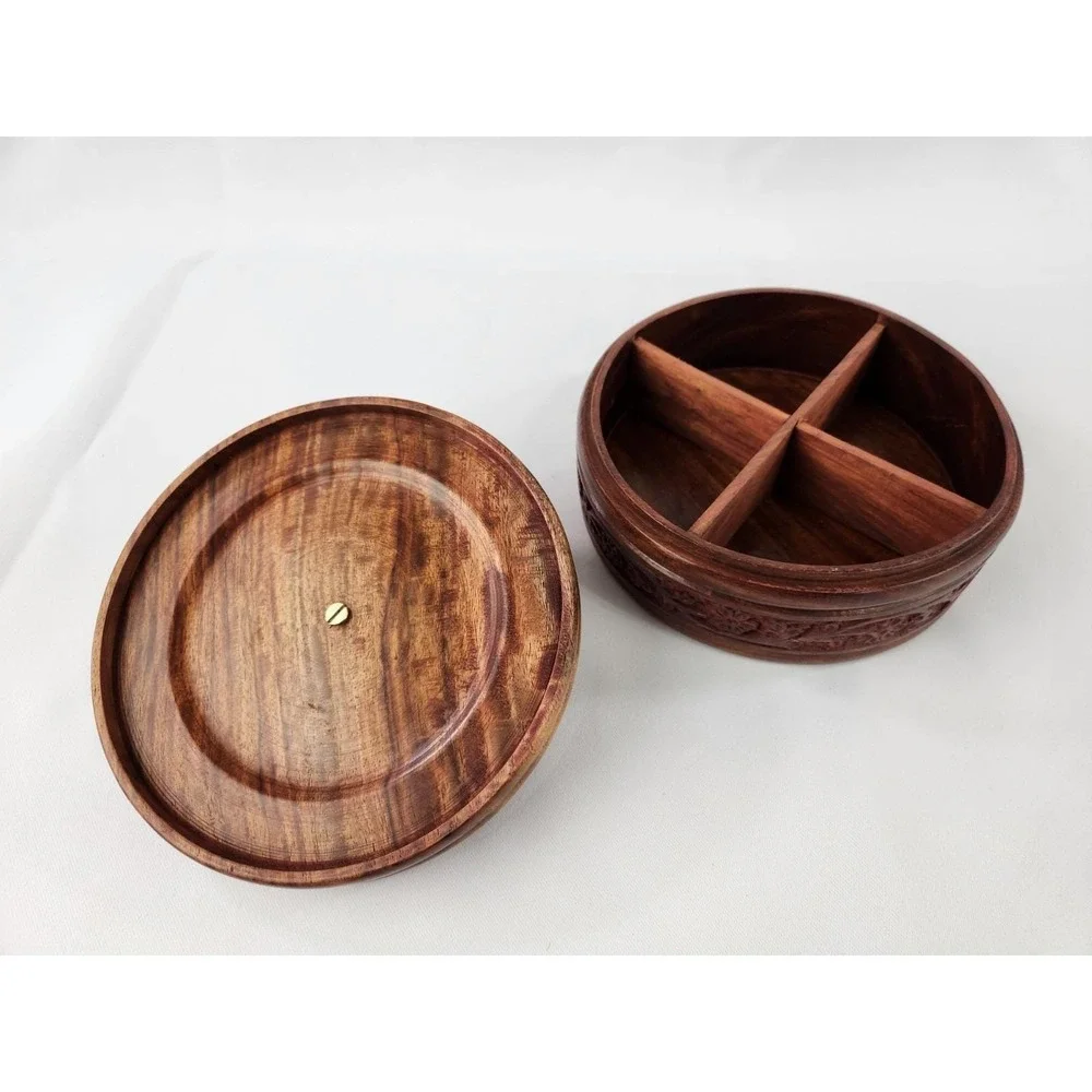 Handcrafted‎ Wooden Chapati Box Wood Divided Floral Carving Decorative Container